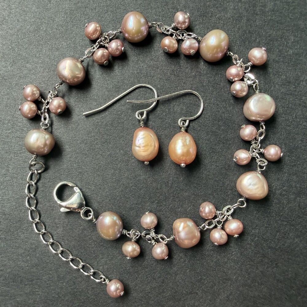 HONORA Sterling Silver Pink Pearl Cluster Bracelet Adjustable 7.5-9" & EARRINGS